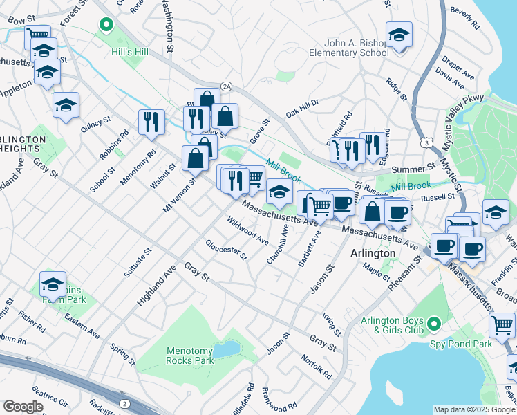 map of restaurants, bars, coffee shops, grocery stores, and more near 880 Massachusetts Avenue in Arlington