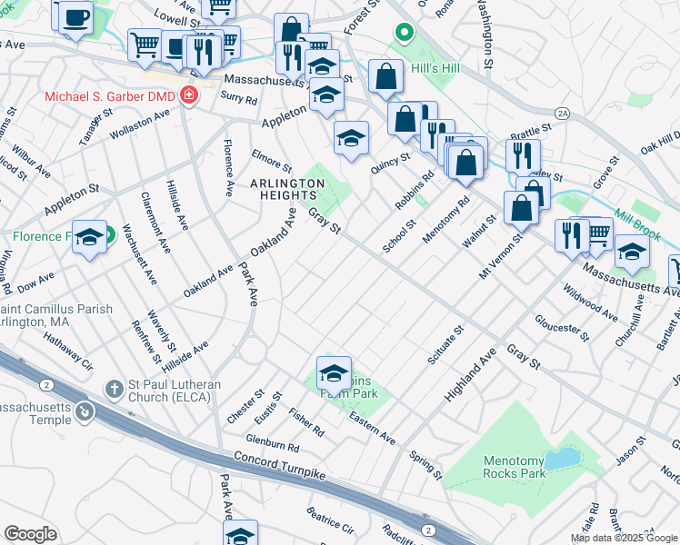 map of restaurants, bars, coffee shops, grocery stores, and more near 114 Robbins Road in Arlington