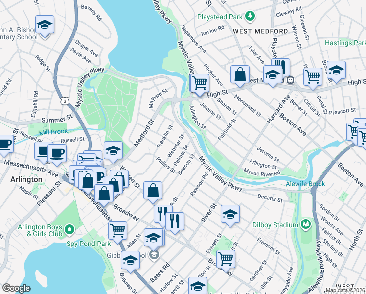 map of restaurants, bars, coffee shops, grocery stores, and more near 92-94 Beacon Street in Arlington
