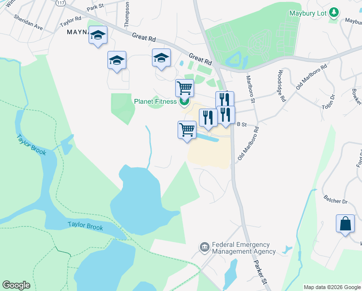map of restaurants, bars, coffee shops, grocery stores, and more near 12 Digital Way in Maynard