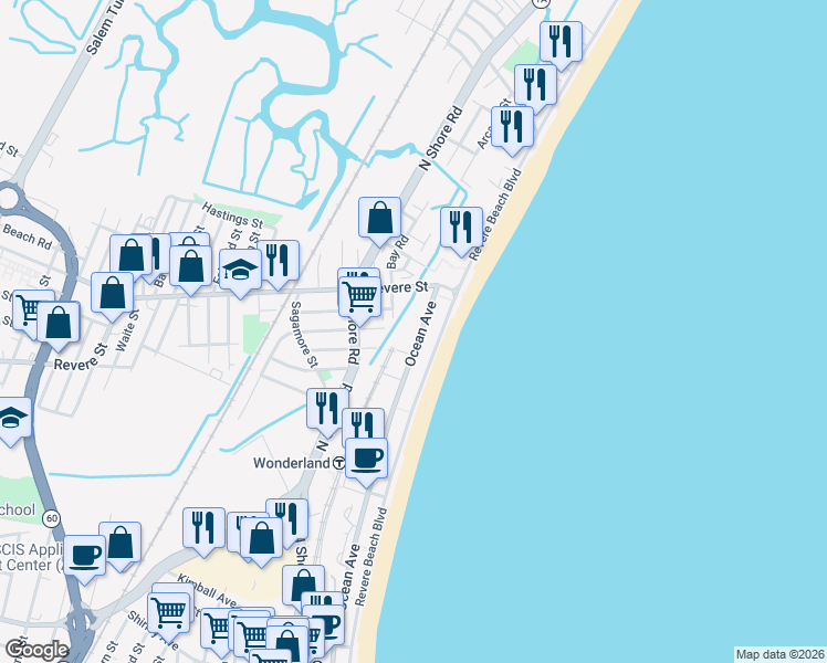 map of restaurants, bars, coffee shops, grocery stores, and more near 660 Ocean Avenue in Revere