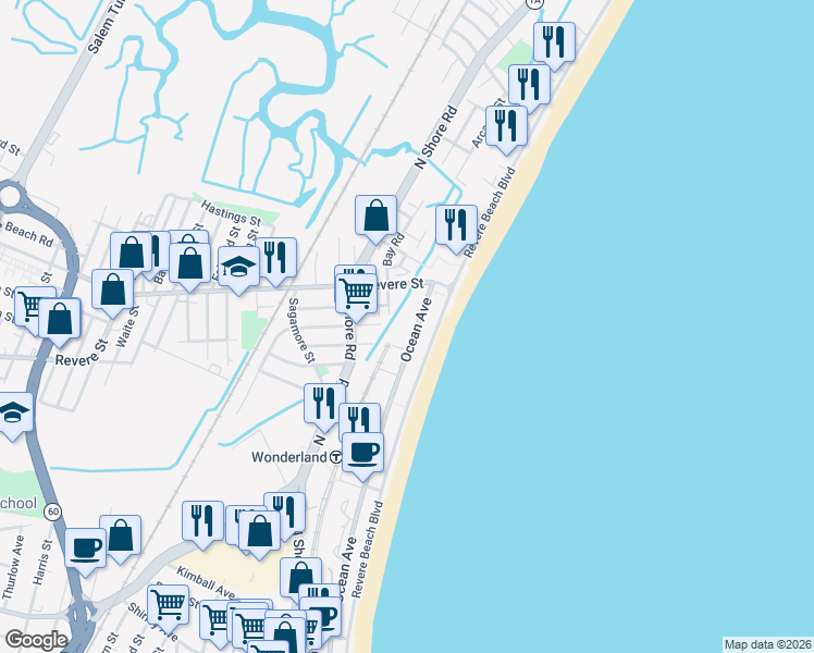 map of restaurants, bars, coffee shops, grocery stores, and more near 664 Ocean Avenue in Winthrop