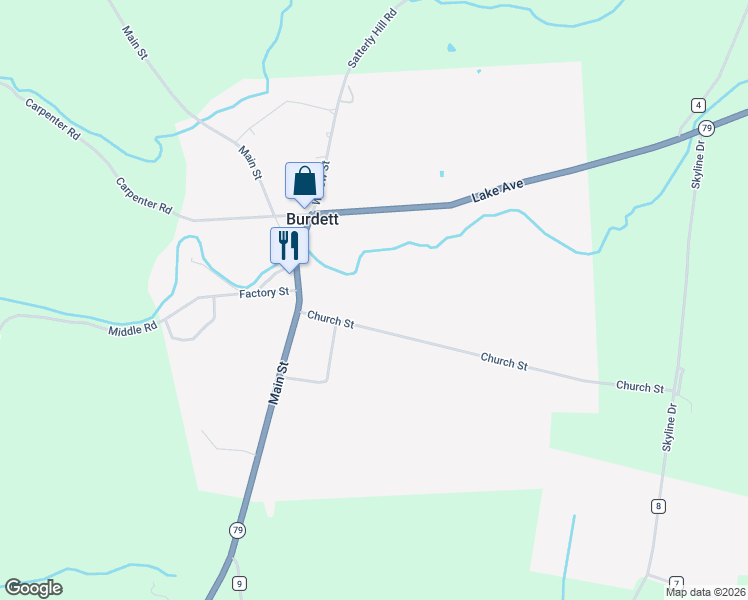 map of restaurants, bars, coffee shops, grocery stores, and more near 4001 Church Street in Burdett