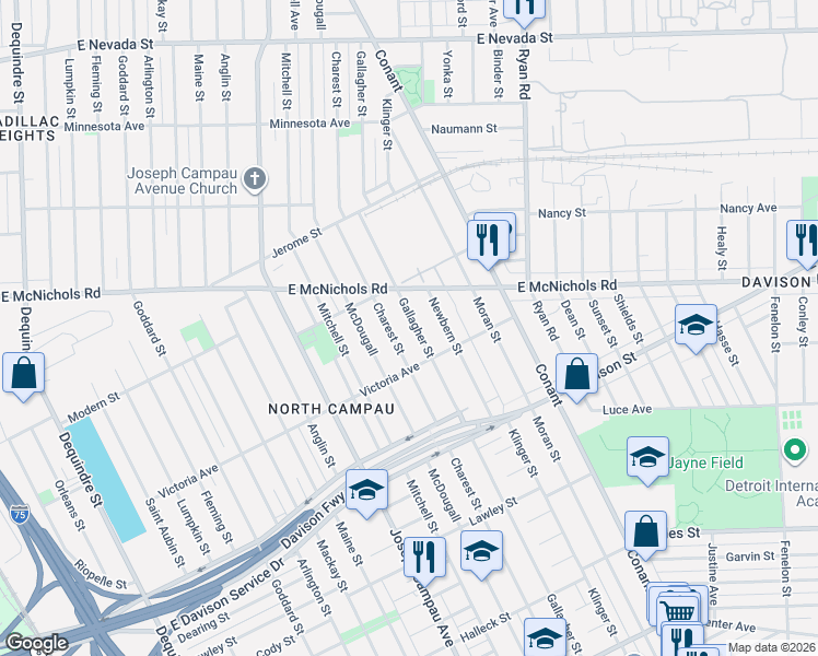 map of restaurants, bars, coffee shops, grocery stores, and more near 13839 Gallagher Street in Hamtramck