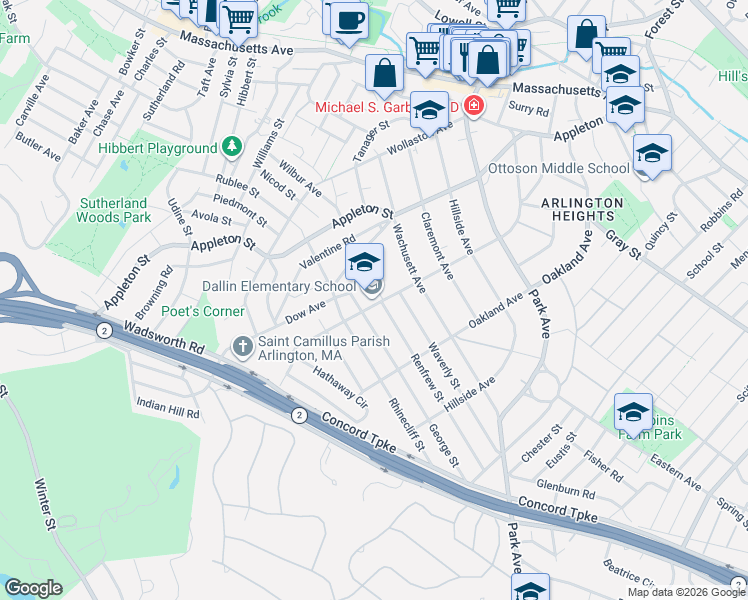 map of restaurants, bars, coffee shops, grocery stores, and more near 137 Renfrew Street in Arlington