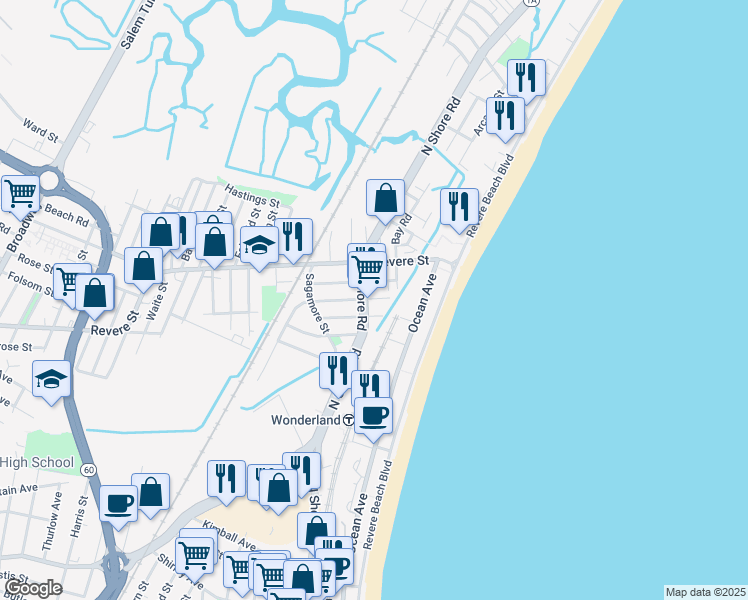 map of restaurants, bars, coffee shops, grocery stores, and more near 7 Agawam Street in Revere