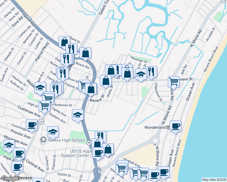 map of restaurants, bars, coffee shops, grocery stores, and more near 55 Shurtleff Street in Revere