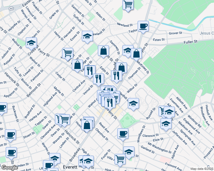 map of restaurants, bars, coffee shops, grocery stores, and more near 14 Henry Street in Everett