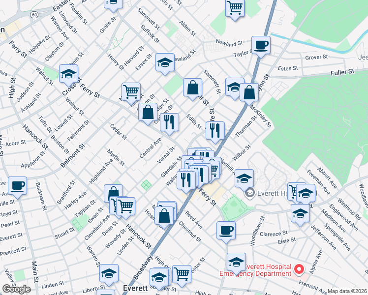 map of restaurants, bars, coffee shops, grocery stores, and more near 405 Ferry Street in Everett
