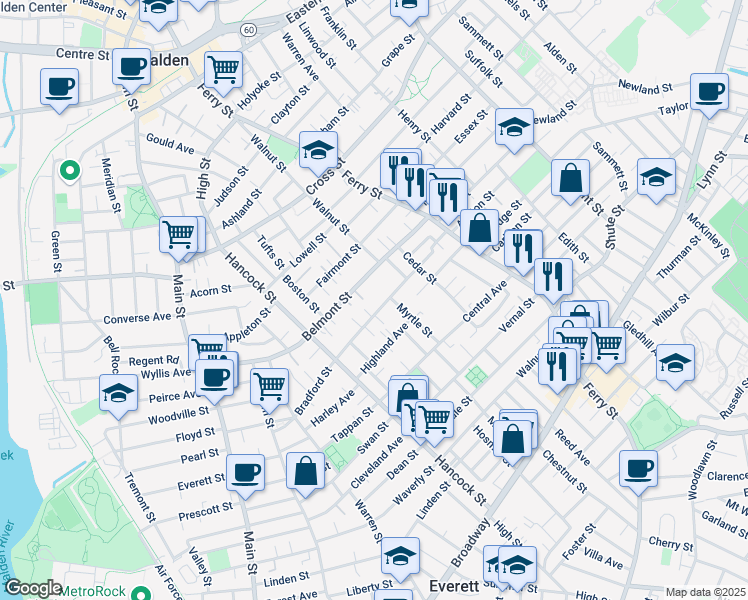 map of restaurants, bars, coffee shops, grocery stores, and more near 189 Bradford Street in Everett