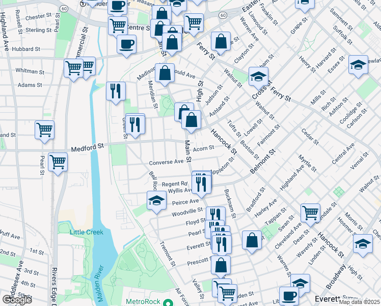 map of restaurants, bars, coffee shops, grocery stores, and more near 2 Converse Avenue in Malden