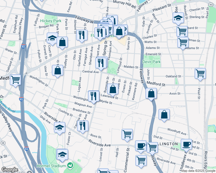 map of restaurants, bars, coffee shops, grocery stores, and more near 14 Chipman Street in Medford
