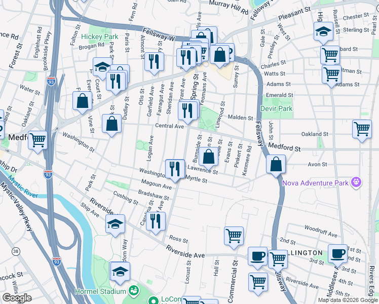 map of restaurants, bars, coffee shops, grocery stores, and more near 125 Spring Street in Medford