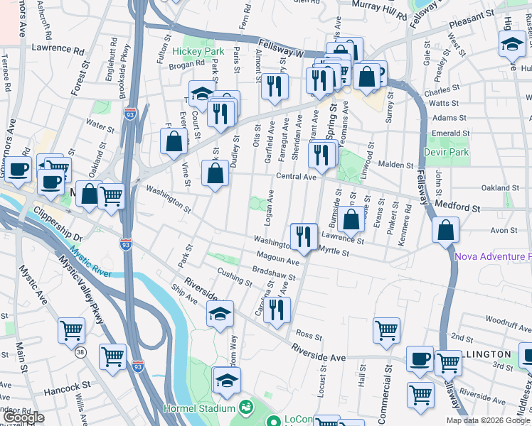 map of restaurants, bars, coffee shops, grocery stores, and more near 15 Logan Avenue in Medford