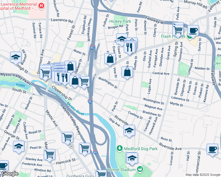 map of restaurants, bars, coffee shops, grocery stores, and more near 44 Pleasant Street in Medford