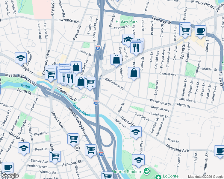 map of restaurants, bars, coffee shops, grocery stores, and more near 44 Pleasant Street in Medford