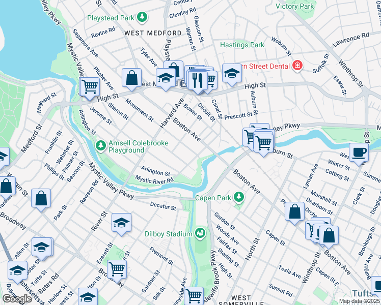 map of restaurants, bars, coffee shops, grocery stores, and more near 210 Arlington Street in Medford