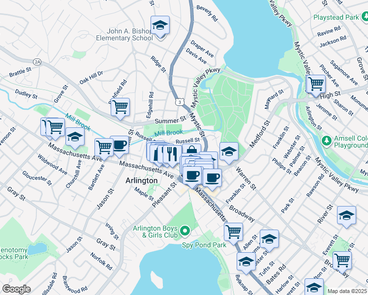 map of restaurants, bars, coffee shops, grocery stores, and more near 12 Prescott Street in Arlington