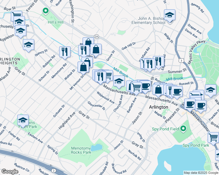 map of restaurants, bars, coffee shops, grocery stores, and more near 880 Massachusetts Avenue in Arlington