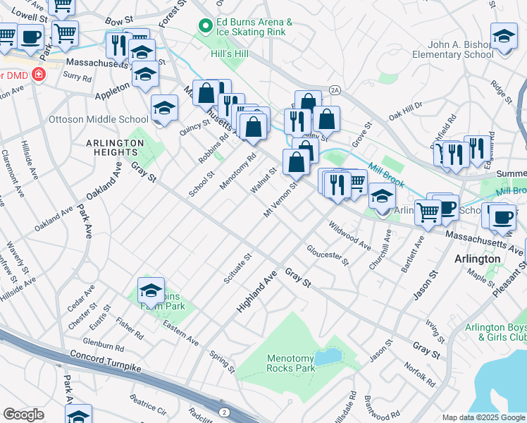 map of restaurants, bars, coffee shops, grocery stores, and more near 5 Scituate Street in Arlington