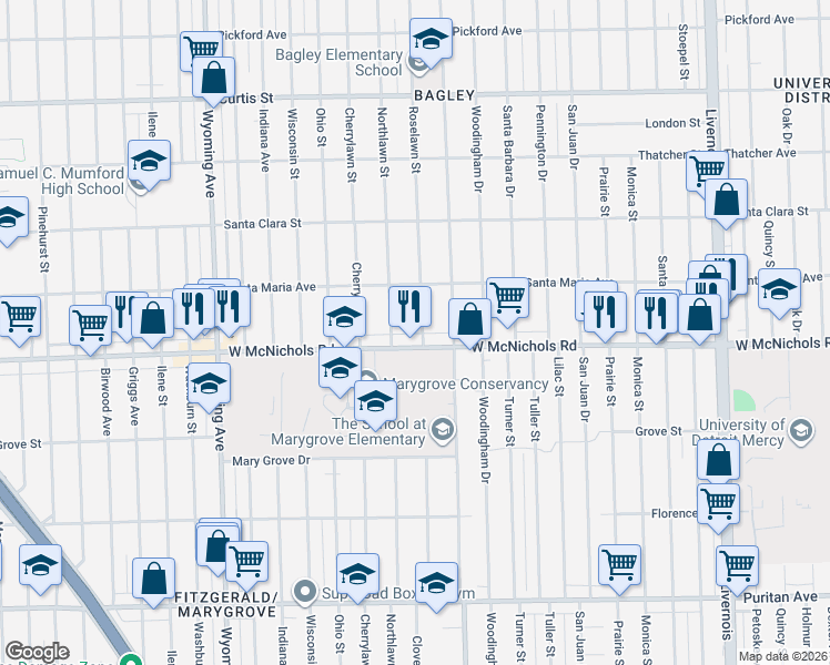 map of restaurants, bars, coffee shops, grocery stores, and more near 8224 West McNichols Road in Detroit
