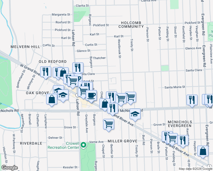 map of restaurants, bars, coffee shops, grocery stores, and more near 17251 Bentler Street in Detroit