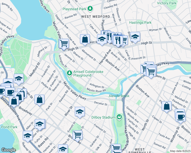 map of restaurants, bars, coffee shops, grocery stores, and more near 123 Jerome Street in Medford