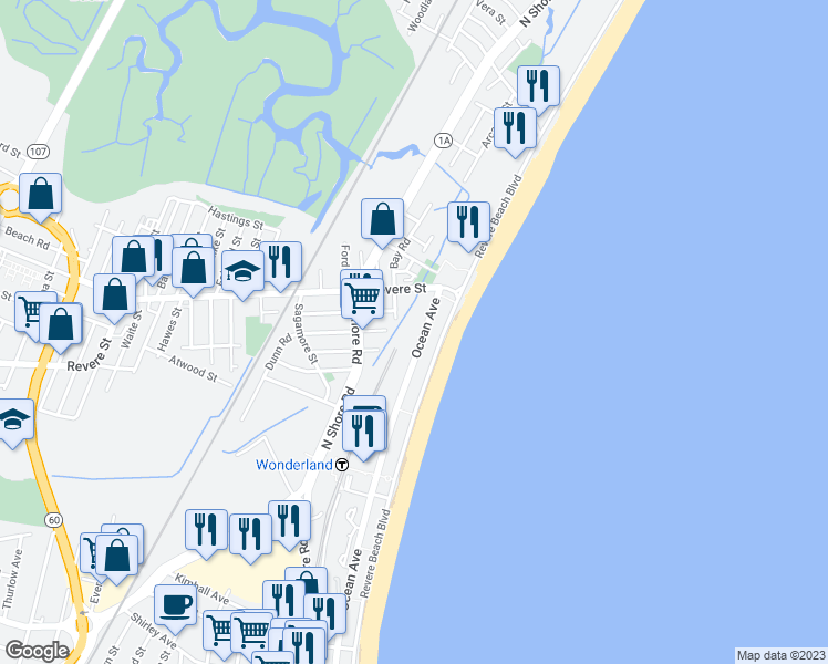 map of restaurants, bars, coffee shops, grocery stores, and more near 670 Ocean Avenue in Winthrop