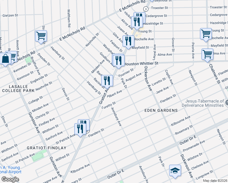 map of restaurants, bars, coffee shops, grocery stores, and more near 12636 Filbert Avenue in Detroit