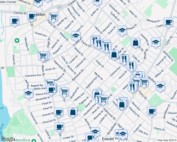 map of restaurants, bars, coffee shops, grocery stores, and more near 189 Bradford Street in Everett