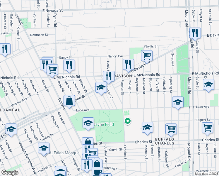 map of restaurants, bars, coffee shops, grocery stores, and more near 13574 Hasse Street in Hamtramck