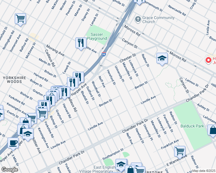 map of restaurants, bars, coffee shops, grocery stores, and more near 6208 Neff Avenue in Detroit