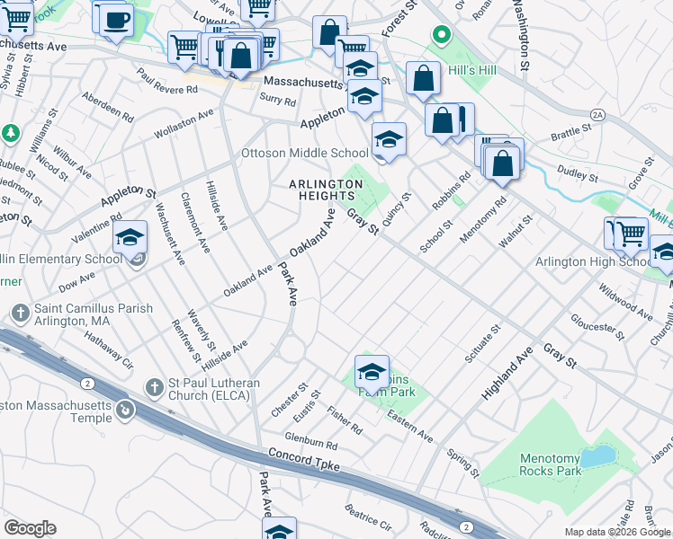 map of restaurants, bars, coffee shops, grocery stores, and more near 70 Fountain Road in Arlington