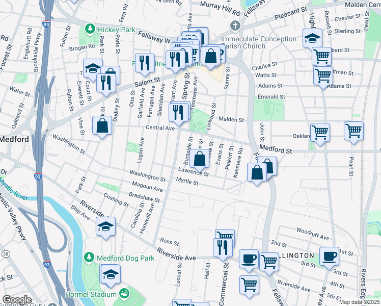 map of restaurants, bars, coffee shops, grocery stores, and more near 29 Burnside Street in Medford