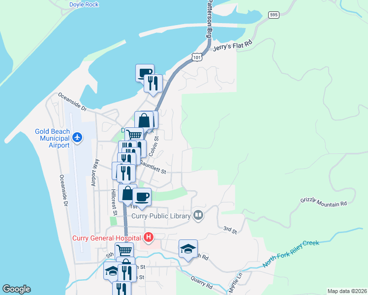 map of restaurants, bars, coffee shops, grocery stores, and more near 29830 Hound Dog Road in Gold Beach