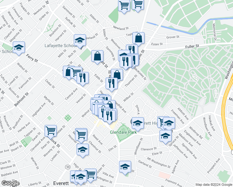 map of restaurants, bars, coffee shops, grocery stores, and more near 6 Stevenson Avenue in Everett