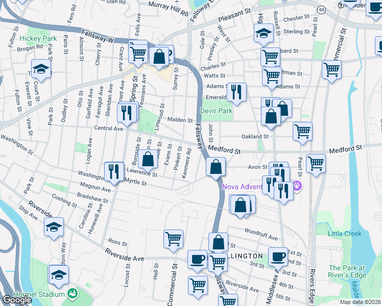 map of restaurants, bars, coffee shops, grocery stores, and more near 17a Amaranth Avenue in Medford