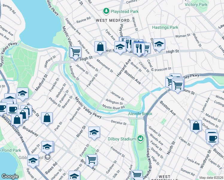 map of restaurants, bars, coffee shops, grocery stores, and more near 123 Jerome Street in Medford