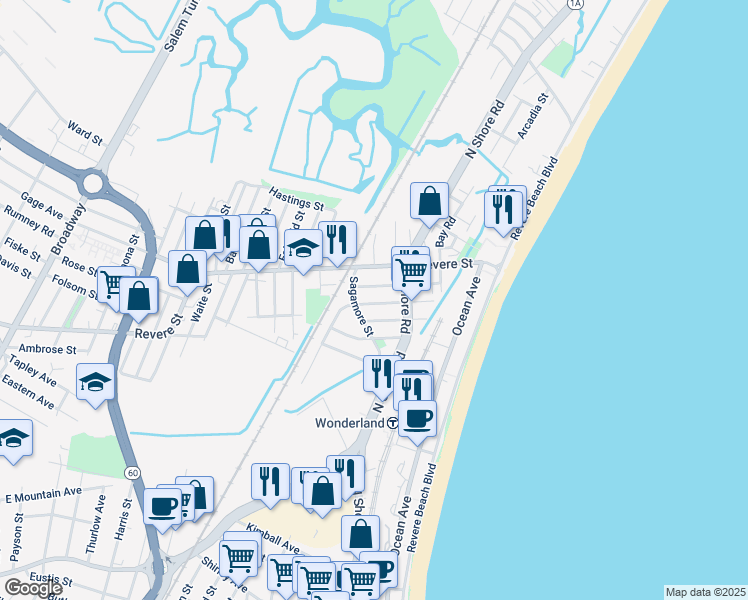 map of restaurants, bars, coffee shops, grocery stores, and more near 51 Agawam Street in Revere