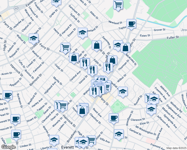 map of restaurants, bars, coffee shops, grocery stores, and more near 405 Ferry Street in Everett