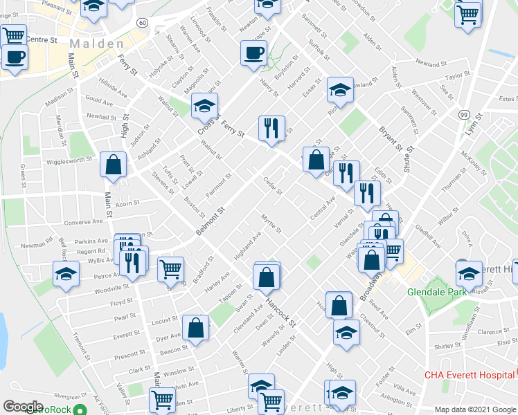 map of restaurants, bars, coffee shops, grocery stores, and more near 189 Bradford Street in Everett