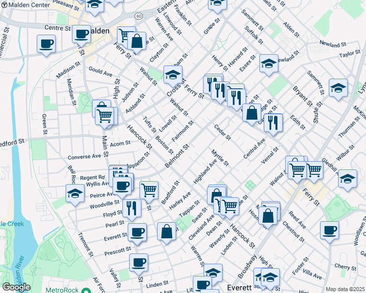 map of restaurants, bars, coffee shops, grocery stores, and more near 147 Belmont Street in Everett
