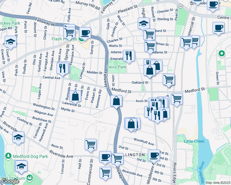 map of restaurants, bars, coffee shops, grocery stores, and more near 1033 Fellsway in Medford