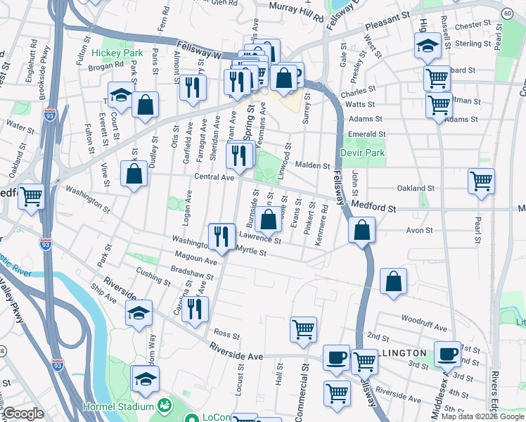 map of restaurants, bars, coffee shops, grocery stores, and more near 14 Chipman Street in Medford