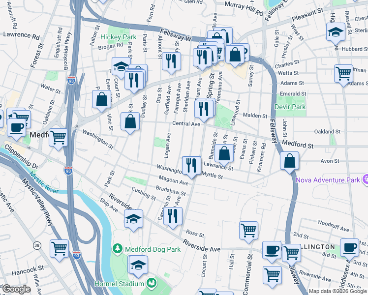 map of restaurants, bars, coffee shops, grocery stores, and more near 6 Lawrence Street in Medford
