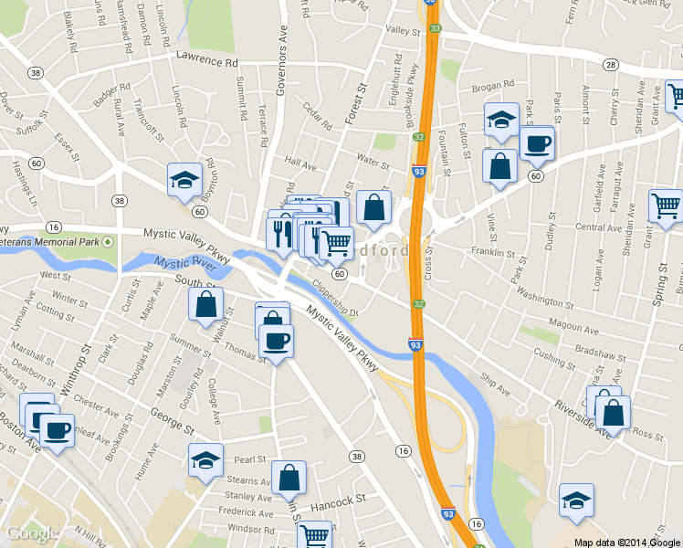 map of restaurants, bars, coffee shops, grocery stores, and more near 75 Riverside Avenue in Medford