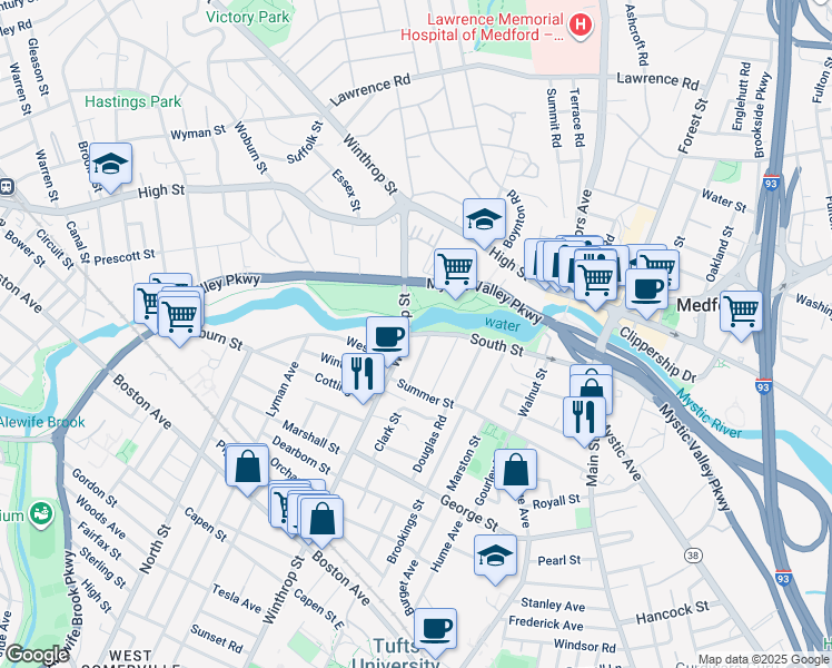 map of restaurants, bars, coffee shops, grocery stores, and more near 193 Winthrop Street in Medford