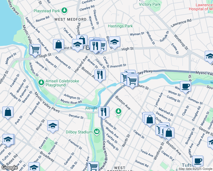map of restaurants, bars, coffee shops, grocery stores, and more near in Somerville