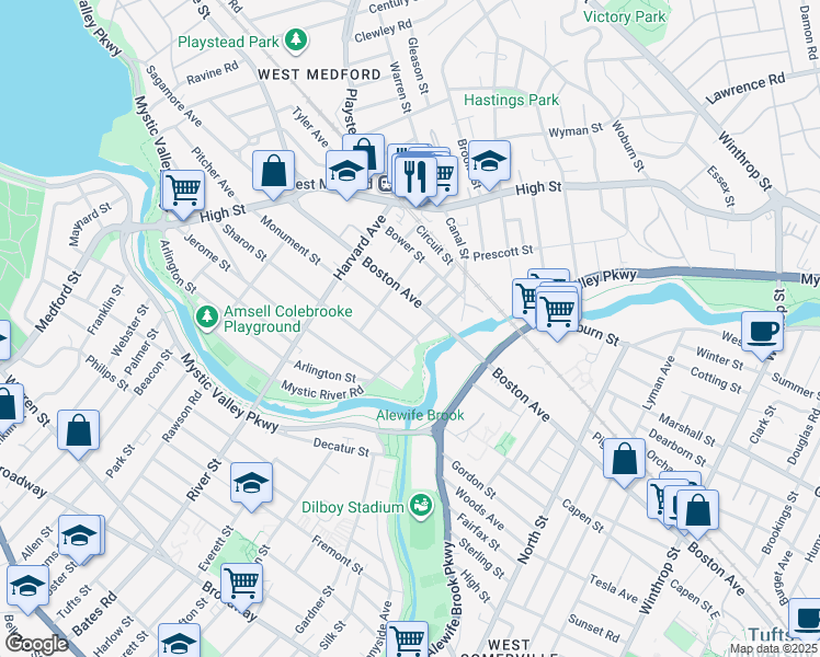 map of restaurants, bars, coffee shops, grocery stores, and more near 210 Arlington Street in Medford