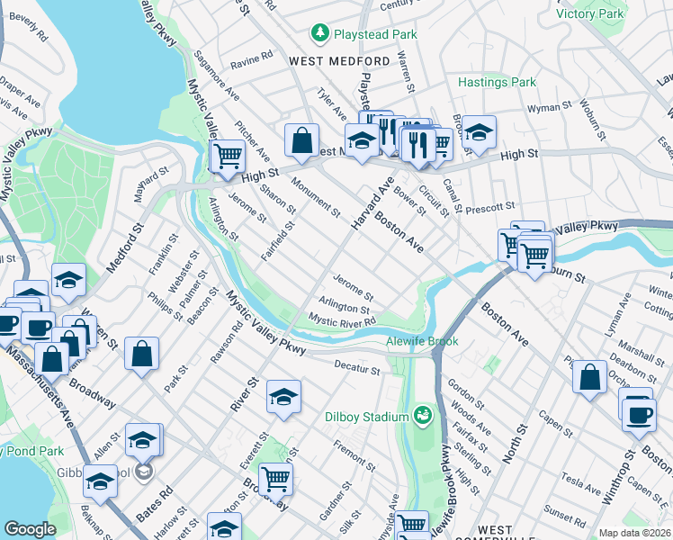 map of restaurants, bars, coffee shops, grocery stores, and more near 123 Jerome Street in Medford